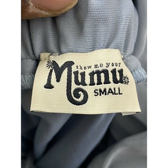 SHOW ME YOUR MUMU DRESS AVA MAXI‎ STEEL BLUE CHIFFON DEEP V SIZE S - Picture 5 of 9